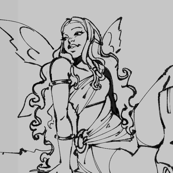 Aisha from Winx Club sitting on the ground with one leg over the other, looking to the side over her shoulder with a smile.