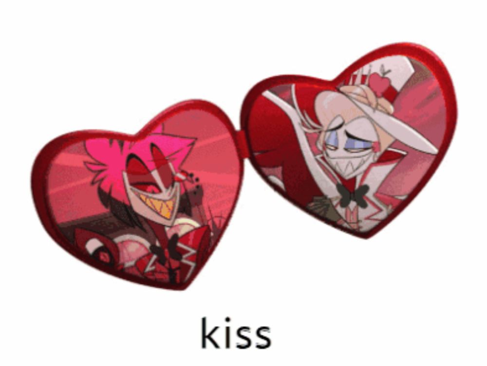 a pair of red hearts with the word kiss on it