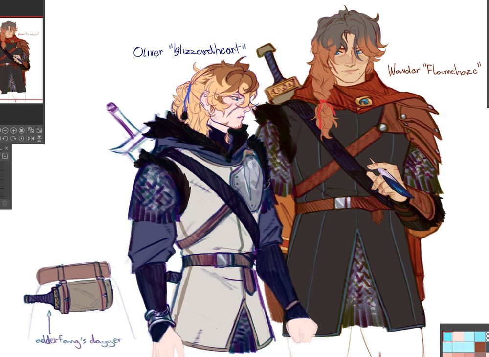 Drawing of Oliver and Wander in a human au of a warrior cats au (lol), they wear clothing somewhat inspired by 10th-11th century europe, with leather and furs and chainmail, as well as some bits of metal and leather armour. They both keep their warrior cat names, so Oliver is called Blizzardheart and Wander is Flamehaze. Flamehaze looks at Blizzardheart with an awkward smile while fiddling with a feather in one hand. Blizzardheart just looks forward fiercely and with a hint of anger. There is also a small drawing showing the dagger sheathe at Blizzardheart's back, labeled "adderfang's dagger". Adderfang is Blizzardheart's late biological father. 