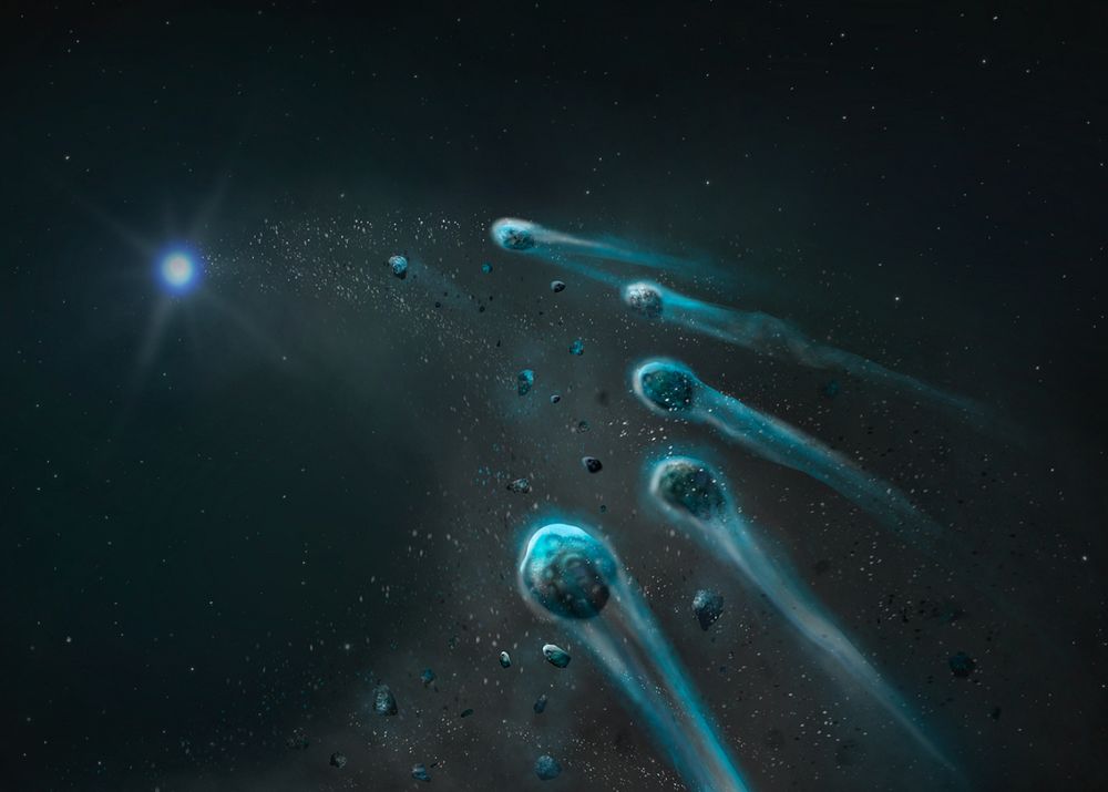This image is an illustration showing the early stages of an icy body that is torn apart by a white dwarf's intense gravity, leaving glowing trails of gas and dust as its fragments spiral inward.