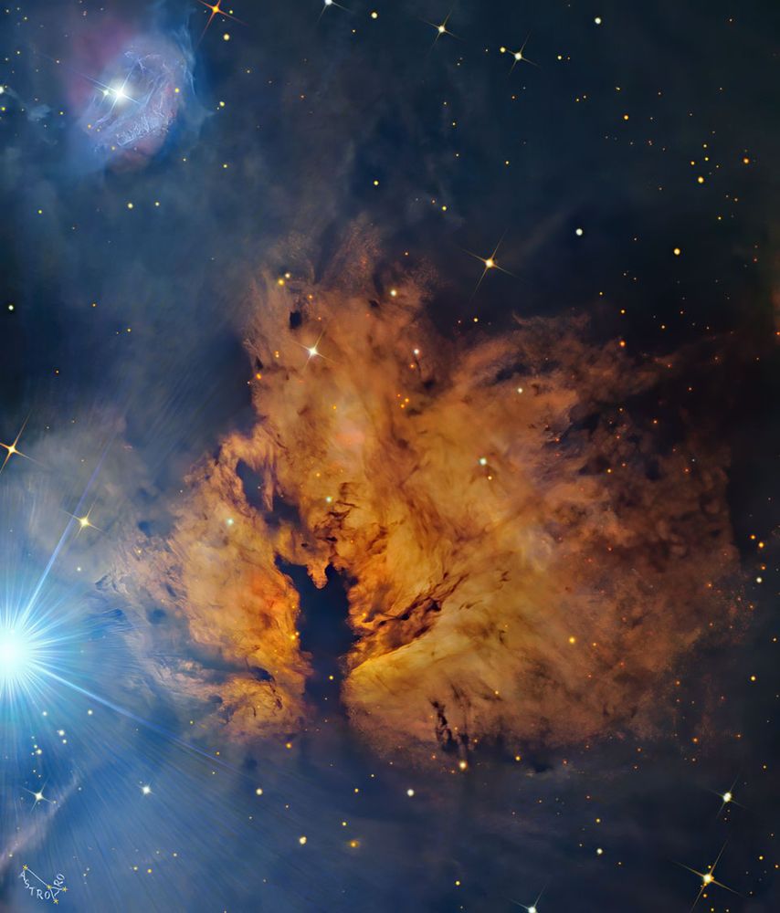The image features the nice Flame Nebula (NGC 2024), located 1500 light-years away  towards the constellation of Orion. It resembles a a blazing fire, with dark dust lanes on the left. The bright star Alnitak, on the far left, lights up the nebula, making the hydrogen gas clouds shine.  The image combines three visible color bands and a long exposure in hydrogen light, revealing details. The Flame Nebula is part of the Orion Molecular Cloud Complex.