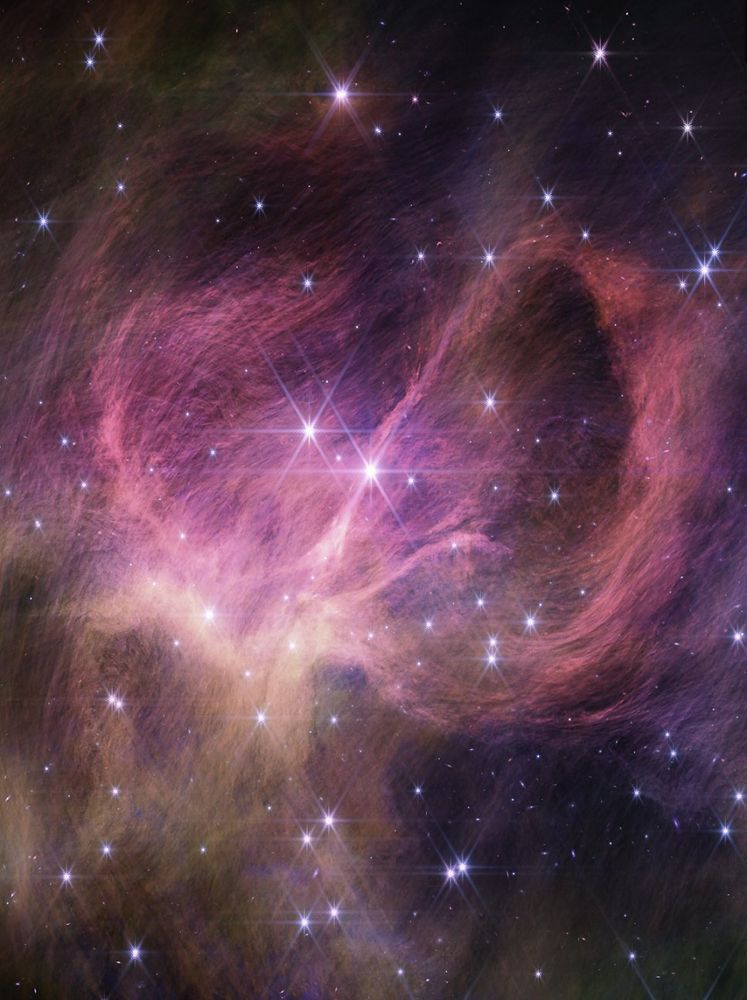 This fascinating JWST image shows the core of star cluster IC 348. A soft pink hue dominates, dotted with numerous white specks, many featuring JWST’s signature six-spike pattern, indicating bright stars. Wispy interstellar material, like delicate curtains, reflects starlight, forming a reflection nebula. At the center, a bright star is a binary system of type B stars, the cluster’s most massive. A large loop on the right is shaped by stellar winds. Polycyclic aromatic hydrocarbons (PAHs) are present in the nebulous material.