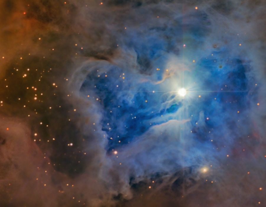 The image features NGC 7023, the Iris Nebula. The dominant color of this bright reflection nebula is blue, characteristic of dust grains reflecting starlight.This blue portion of the Iris Nebula is about six light-years across. Within the Iris, dusty nebular material surrounds SAO 19158, a hot, young magnitude 7 star.