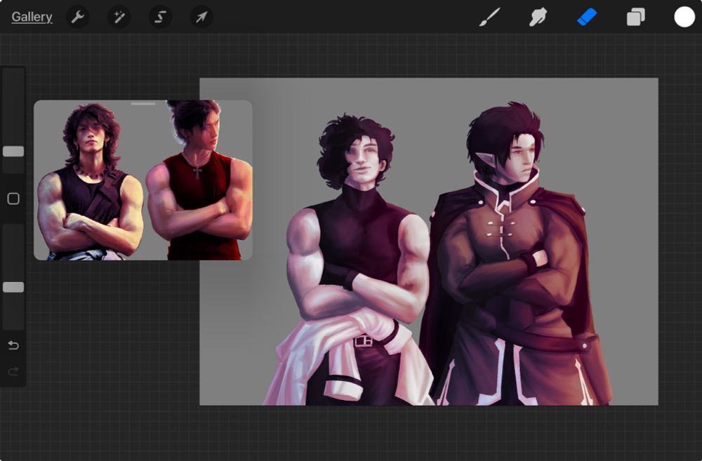 A Procreate canvas with a reference image open, both showing muscular men with crossed arms—the canvas clearly showing the painted version of the reference with two fantasy characters. 