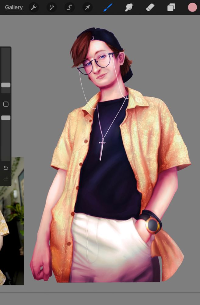 A Procreate canvas showing a realistic photo study of a person in a black tee, white pants, and with a yellow overshirt. They also have a black cap on backwards. They’re Caucasian with brown hair and blue eyes, and have one hand in their pocket while they look at the “camera”