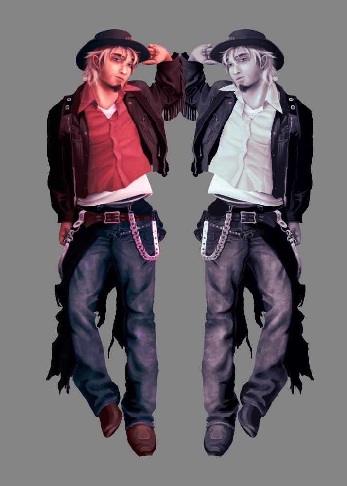 A Procreate painting of a blonde male cowboy with a red shirt, blue jeans, and dark hat and jacket against a medium gray background. There is a desaturated, mostly monochromatic image of him mirrored to the right of him. 