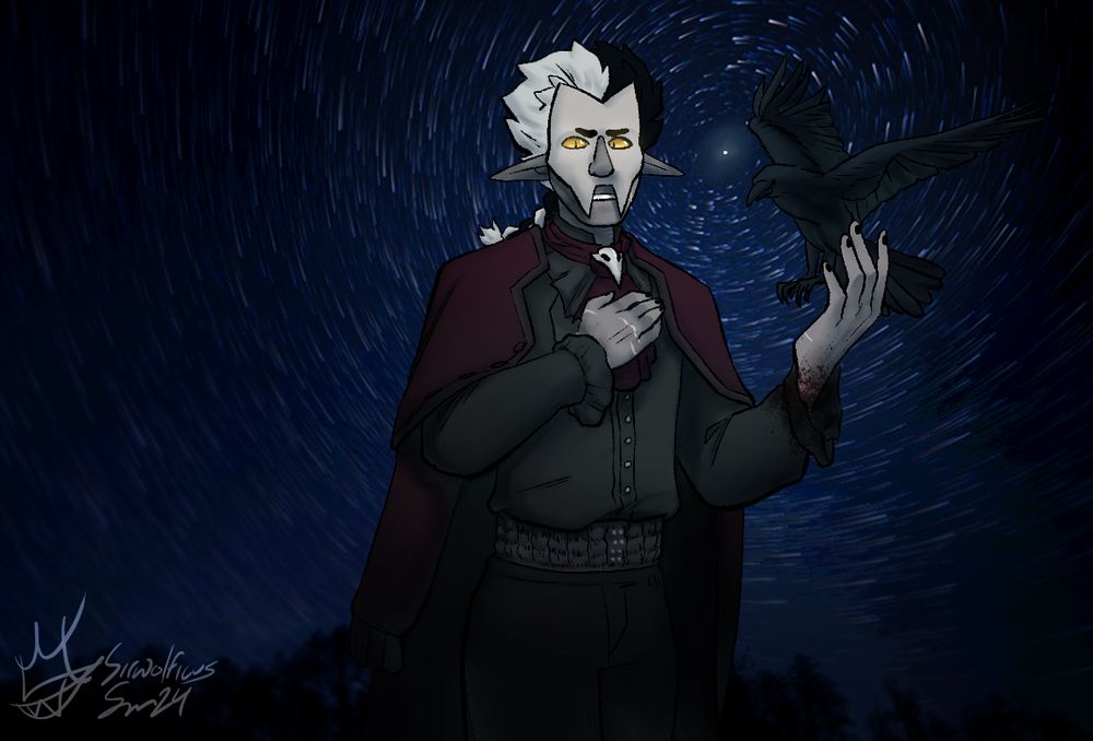 waist up illustration of a dhampir surrounded by swirling stars, except for one small star, highlighted — his hand is reached out for a crow to land on, and his other hand lies over his heart