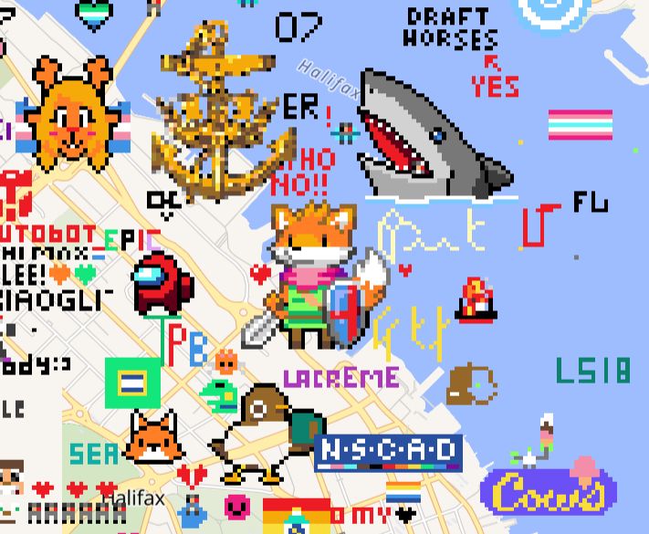 a close up on the map showing a big Tunic Fox art, complete with shield and sword and a little heart. A shark looms above him