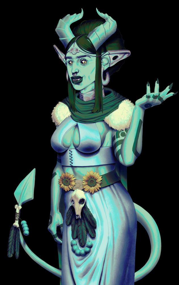 A teal tiefling with black hair and yellow eyes with her arm raised. She has an elaborate outfit befitting a druid.