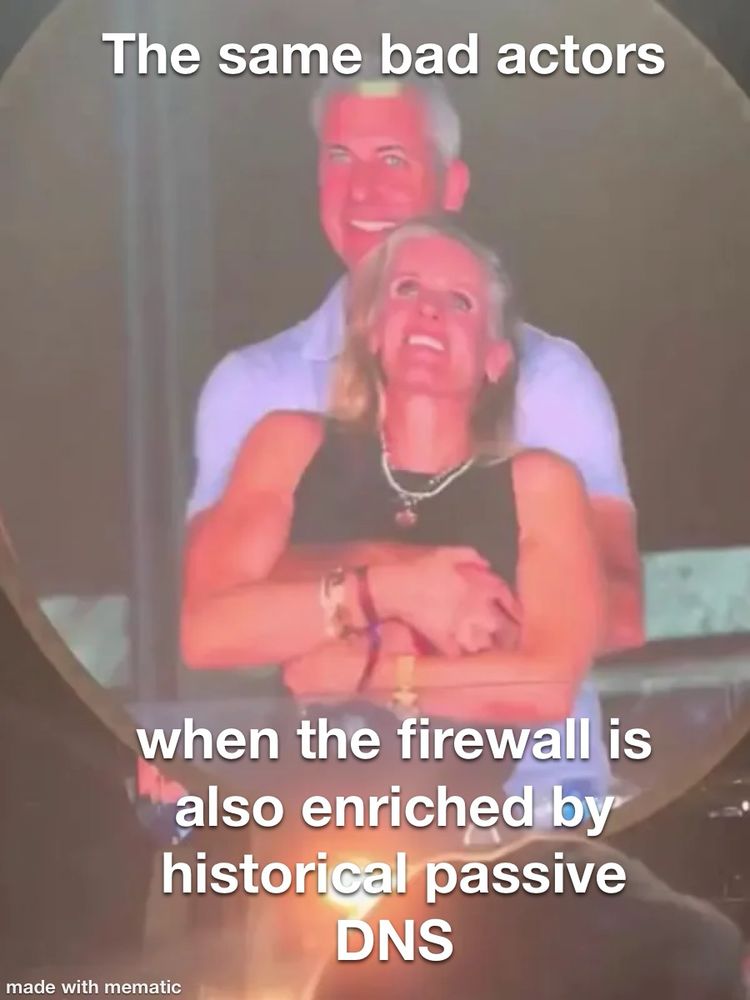 Coldplay couple with horrified looks that they are exposed on the jumbotron, captioned with “the same bad actors when the firewall is also enriched by historical passive DNS.”