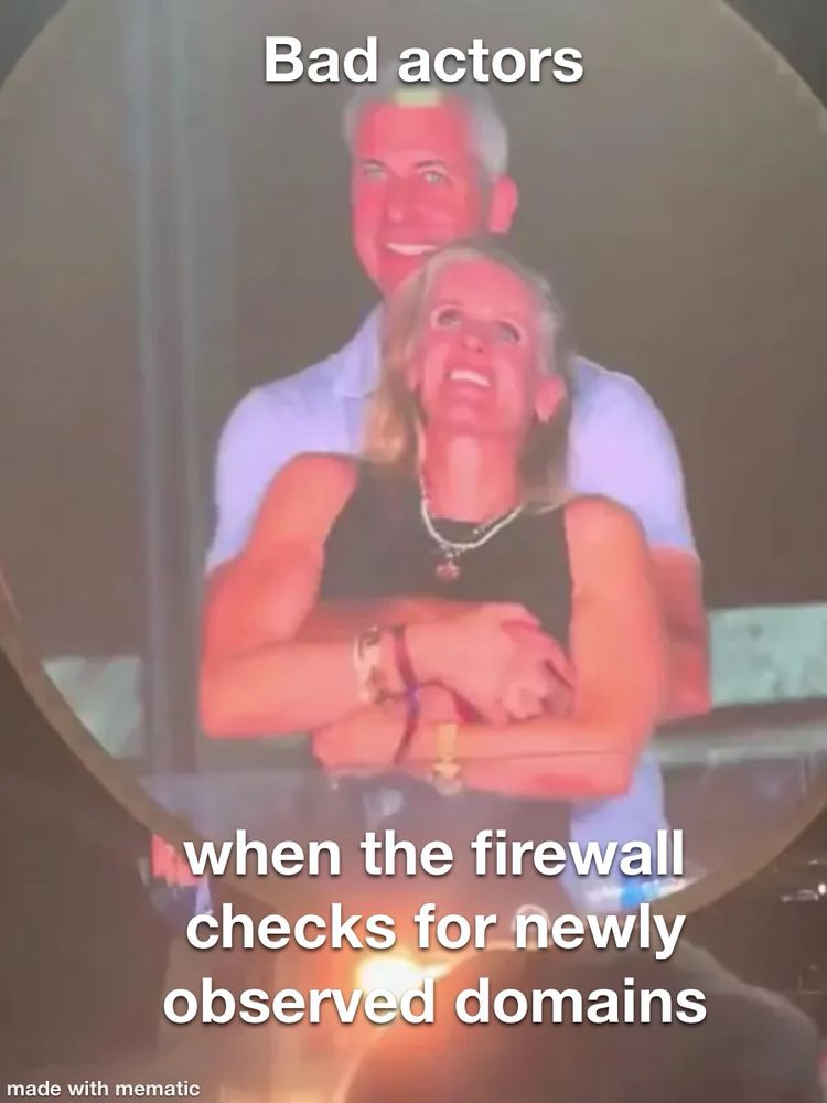 Coldplay couple with horrified looks that they are exposed on the jumbotron, captioned with “bad actors when the firewall checks for newly observed domains.”