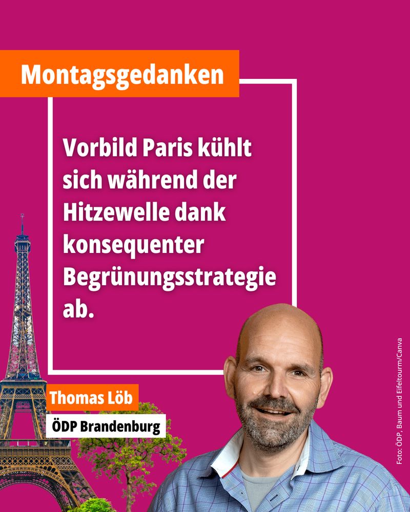 Orangefarbener Hintergrund mit weißer Sprechblase im Zentrum. Darin steht in markanter Schrift: „Vorbild Paris kühlt sich während der Hitzewelle dank konsequenter Begrünungsstrategie ab.“
Oben die Überschrift: „Montagsgedanke“ im orangefarbenen Balken.
Unten rechts sind Thomas Löb (ÖDP Brandenburg), ein stilisierter Eiffelturm und ein Baum als Symbolbild eingeblendet.
Bildnachweis: ÖDP, Baum und Eiffelturm via Canva.