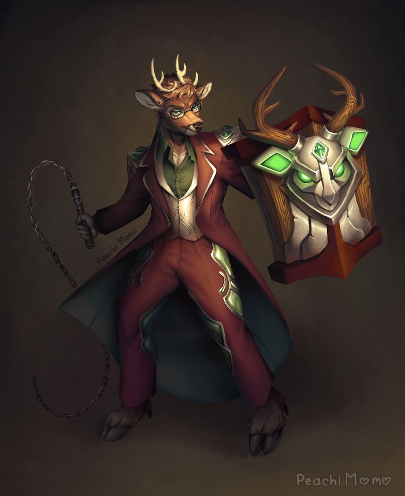 A furry deer standing in a defensive pose, holding up with his left hand a metal and wood shield and on his right hand he has a chain whip, the lightning and mood of the drawing are made to suggest an antique painting look.