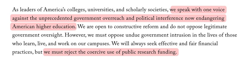 Excerpt of AAC&U letter: "As leaders of America's colleges, universities, and scholarly societies, we speak with one voice against the unprecedented government overreach and political interference now endangering American higher education. We are open to constructive reform and do not oppose legitimate government oversight. However, we must oppose undue government intrusion in the lives of those who learn, live, and work on our campuses. We will always seek effective and fair financial practices, but we must reject the coercive use of public research funding."