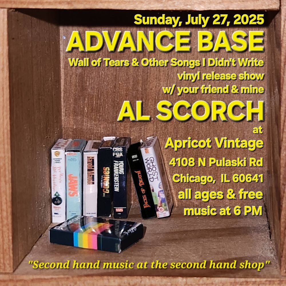 Flyer for July 27 Advance Base show at Apricot Vintage show in Chicago. Flyer features a small collection of miniature VHS tapes inside a wooden cube. 