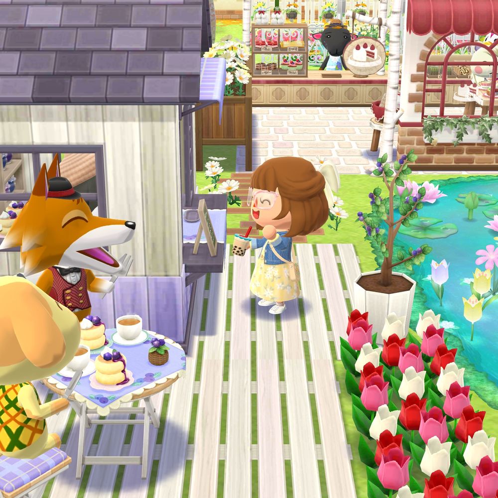 Rosie at the blueberry cafe stand, ordering a snack to go with her boba drink 
Chief and Goldie are sitting at the table, enjoying their own snacks from said cafe