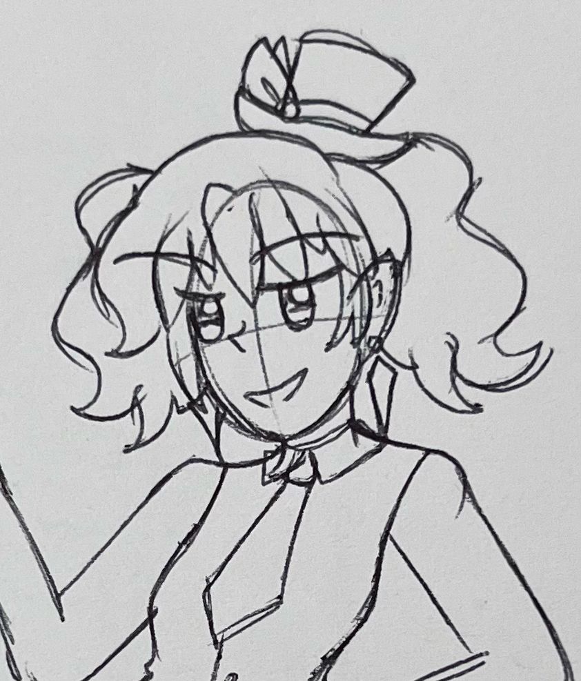 close up sketch of another human Mimi, this time based on the blue striped outfit with the little hat