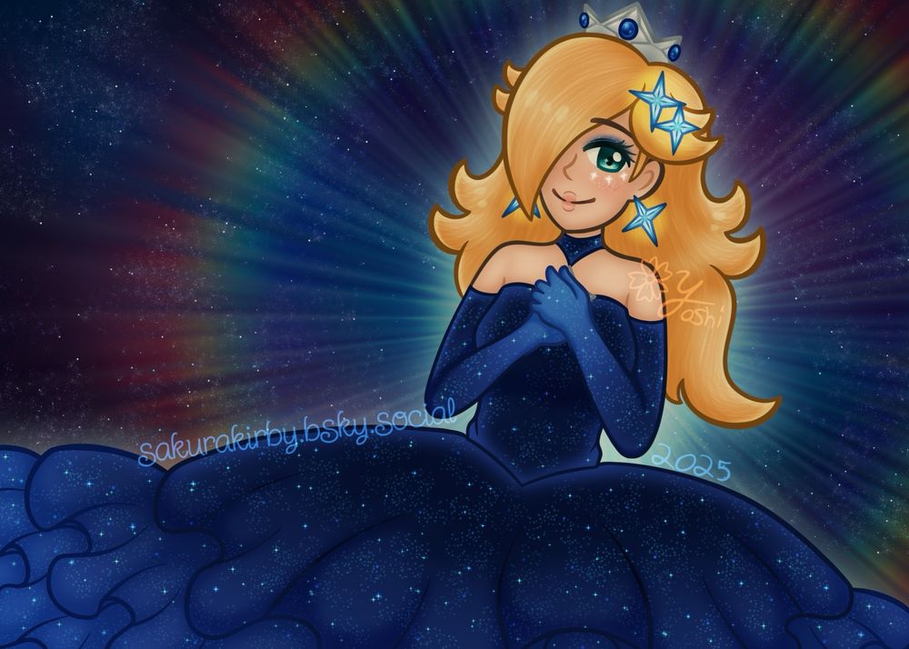 digital art of Rosalina from Super Mario Galaxy wearing a dark blue, sleeveless ruffled gown with a starry pattern all over 

she has matching long gloves and a choker necklace, shining blue star accessories, and a silver crown with blue gems in it

her makeup includes sparkly blue eyeshadow, peach lipstick, and white glitter details on her cheek

she is shown from the waist up, holding both hands over her chest, with a serene expression on her face 
the background features a faint prismatic halo around her, over a deep blue starry sky 

made in November 2025