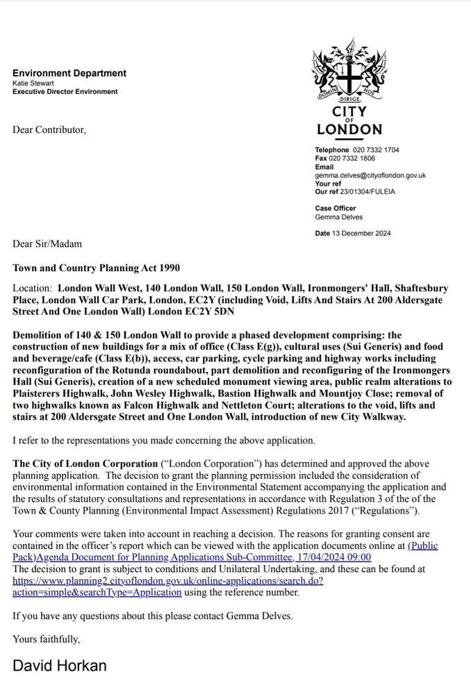 A letter confirming that the threatened London Wall office block is to be demolished and replaced.
