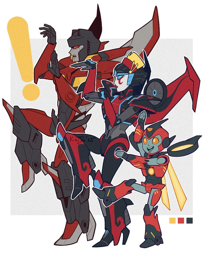 Starscream, Windblade and Twitch doing the Yotsuba pose. 