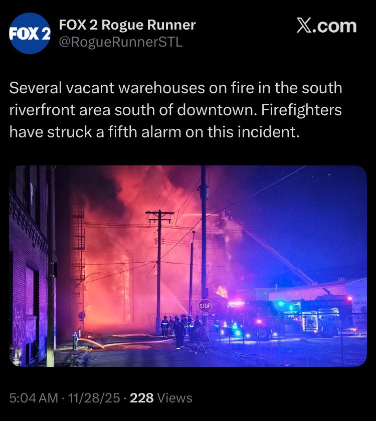 Screenshot of a tweet from Fox 2 Rogue Runner reading “Several vacant warehouses on fire in the south riverfront area south of downtown. Firefighters have struck a fifth alarm on this incident.”

There is an image of a group of firefighters and their truck fighting an absolutely massive, multi story wall of neon orange flames.