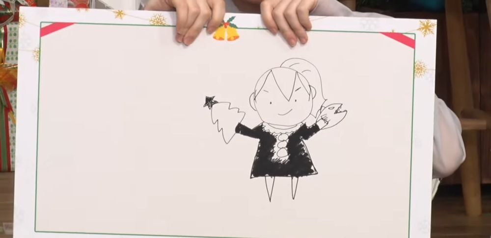 A very rough sketch of a possible holiday Meg design from a Granblue FES stream. She has a shark on one arm, and a christmas tree on the other