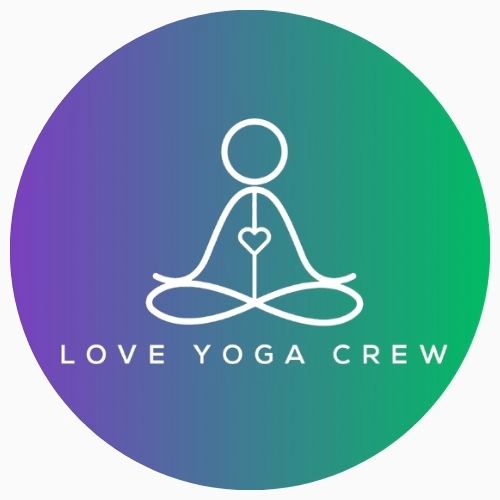 A circular logo with a calming gradient background that fades from purple on the left to green on the right. In the center is a minimalist white line drawing of a figure sitting in a crossed-legged meditation pose. A small heart symbol sits at the center of the figure's chest. The text "LOVE YOGA CREW" is written in white capital letters along the bottom curve.
