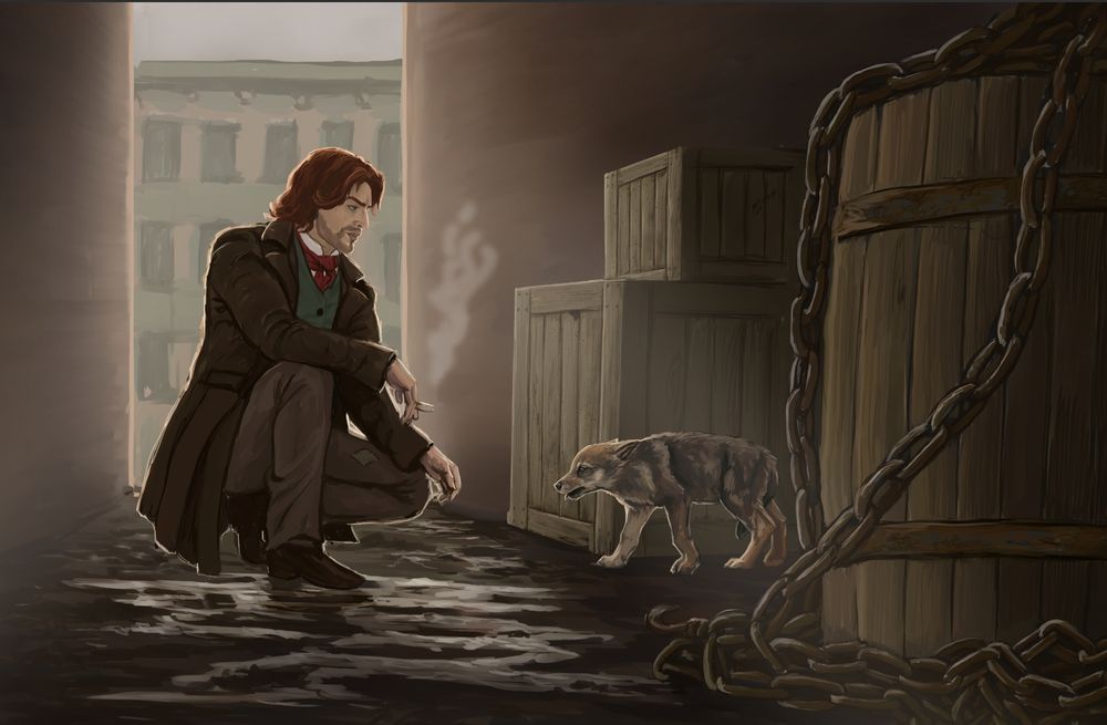 a digital drawing of a man crouching in an alleyway with light coming from the entrance behind him. He is looking at a wolf puppy who is walking towards him submissively from between crates and barrels with rusty chains on them