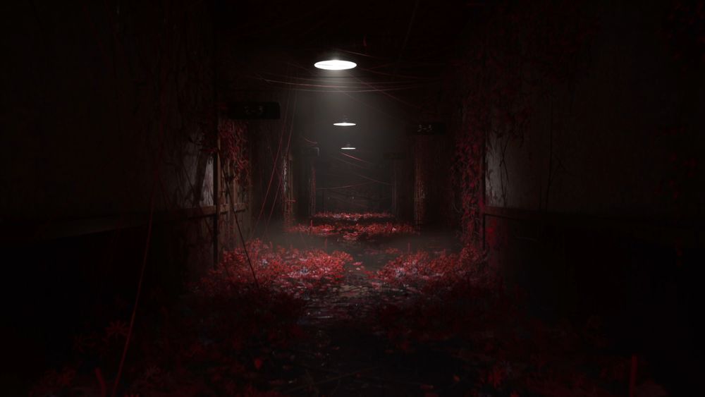 screenshot from woufh's silent hill f inspired project of a old japanese school overran by red flowers and ivy, with slight fog and dust revealed by the school's ceiling lights