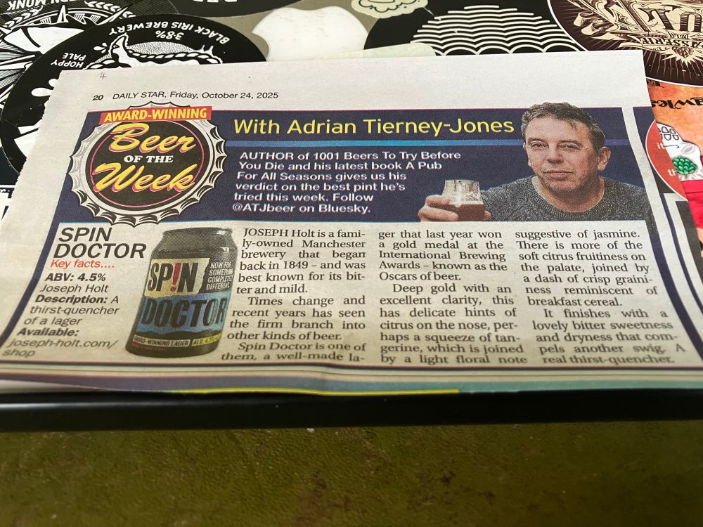 Cut of my newspaper beer of the week featuring a lager called Spin Doctor brewed by Holts