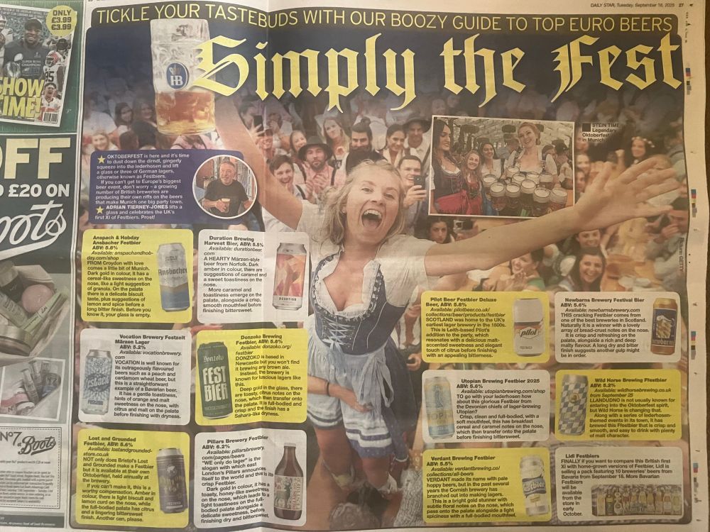 Double page spread featuring an Oktoberfest crowd in the background with 12 boxes of text featuring Festbiers 