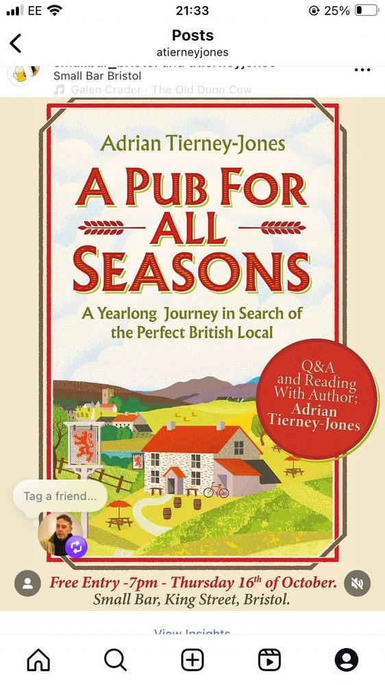 Cover of A Pub For All Seasons with details of an event featuring the author at Small Bar tonight