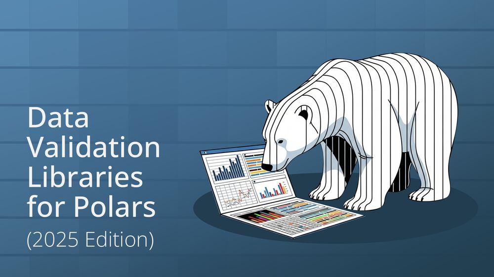 A stylized polar bear looks down at a laptop displaying colorful charts and graphs. To the left, text reads "Data Validation Libraries for Polars (2025 Edition)". The background is a solid blue with a subtle grid pattern.