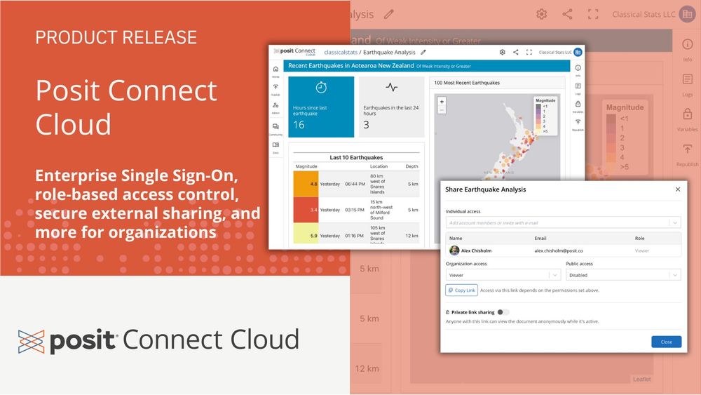 An image from a product release blog post announces "Posit Connect Cloud" with the headline "Enterprise Single Sign-On, role-based access control, secure external sharing, and more for organizations." The left side of the image features a large, stylized text "PRODUCT RELEASE" and "Posit Connect Cloud" on an orange-red background. The right side displays a dashboard interface titled "Posit Connect / Classical Stats LLC" with "Earthquake Analysis."

One panel shows "Recent Earthquakes in Aotearoa New Zealand Of M wuk msnaty or Greater." Key metrics include "Hours since last earthquake: 16" and "Earthquakes in the last 24 hours: 3." Below this is a list of the "Last 10 Earthquakes" with magnitude, time, location, and depth.

Another section titled "Share Earthquake Analysis" shows options for "Individual access" allowing users to add members with name, email, and role, and "Organization access" which is currently "Disabled." A "Copy Link" button is also visible for sharing. The bottom of this panel mentions "Private link sharing." The overall aesthetic suggests a data analysis and sharing platform.