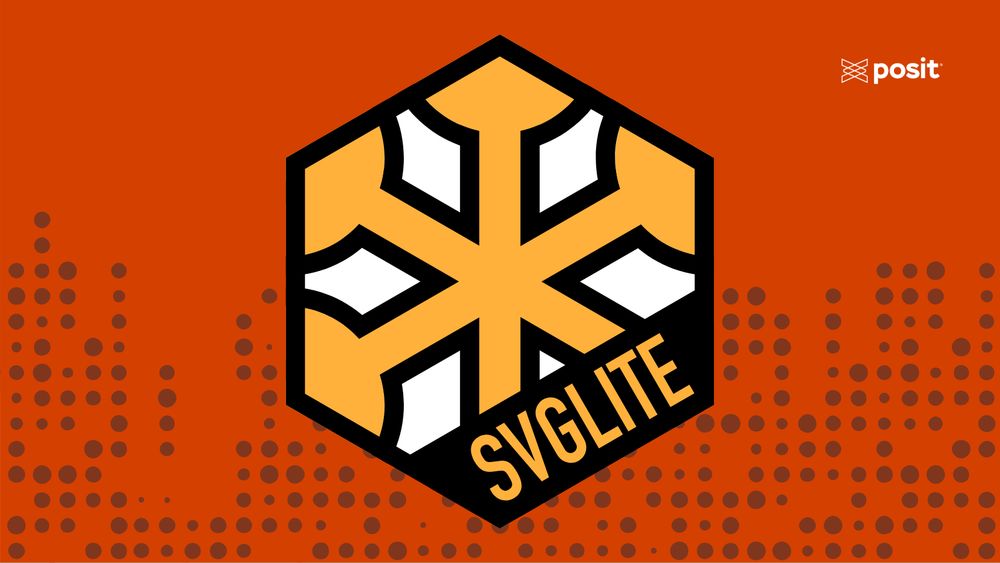 A hexagonal logo featuring an orange snowflake-like design against a black background. The word "SVGLITE" is written diagonally across the bottom right of the hexagon in black text. The overall background is orange with an abstract pattern of dark orange dots on the left and right sides. In the top right corner, the word "posit" is visible with its logo.