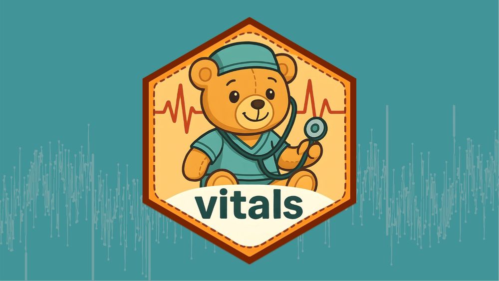 An illustration shows a friendly cartoon bear dressed as a pediatrician, wearing a teal scrub top and cap, and holding a stethoscope. The bear is inside a hexagon-shaped emblem with a red dashed outline. Behind the bear are red lines representing a heartbeat. Below the bear, the word "vitals" is written in black lowercase letters on a white banner. The entire emblem is set against a teal background with subtle, light gray, vertical lines in the lower portion, resembling a sound wave or data visualization.