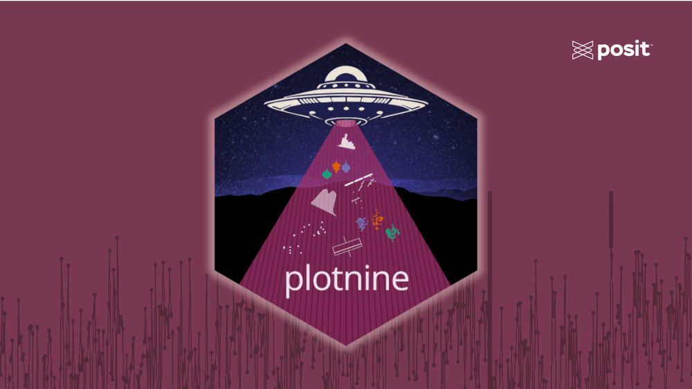 The plotnine logo, which is a UFO that is beaming up different types of plots like a histogram and a density plot.