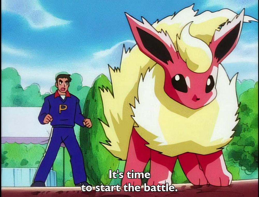 Pokemon - Season 1 Episode 56 - The Ultimate Test
Frame 1116/1753
Caption: It's time
to start the battle.

Timestamp: 00:14:01.905