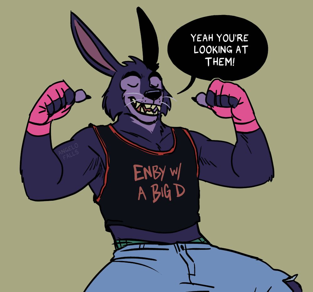 An anthro Wolf-Rabbit hybrid sitting down with both thumbs pointing back towards themselves while wearing jeans and a crop top that saids "Enby with a big D"

Dialogue: (confident) "Yeah! You're looking at them!"