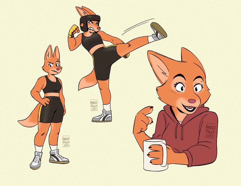 A three pose drawing of Diane Foxington, an orange and tan anthropomorphic female red fox. She's standing and kicking while wearing her training attire, protective headgear and fingerless gloves. In the last half body pose she's wearing a hoodie, pointing at herself as if she's talking to someone offscreen while holding a coffee cup.