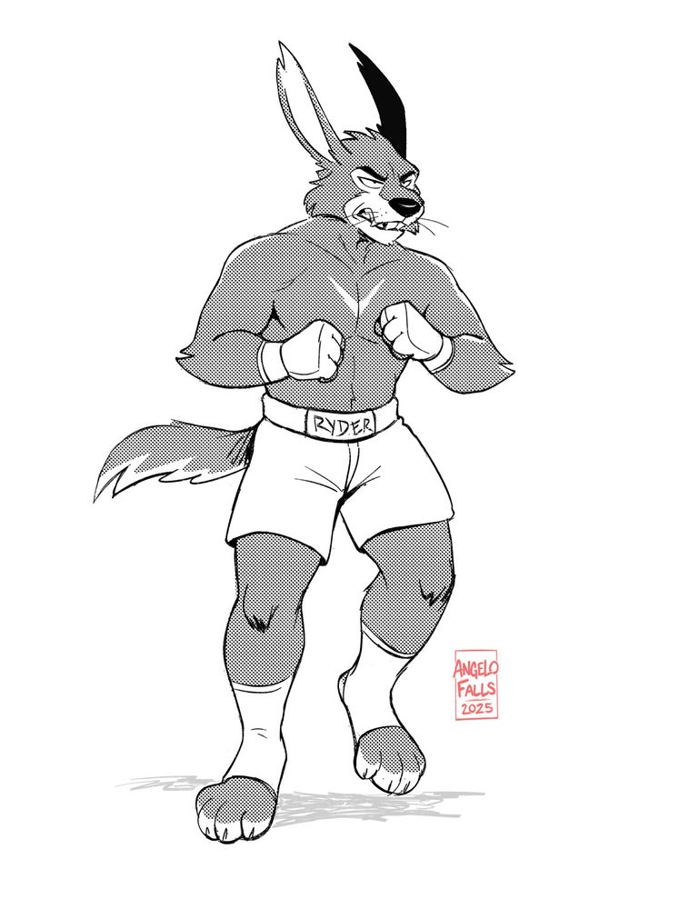 A drawing of an anthropomorphic Wolf-Rabbit hybrid with an athletic body wearing MMA gloves is warming up in place with their fists up and ready.