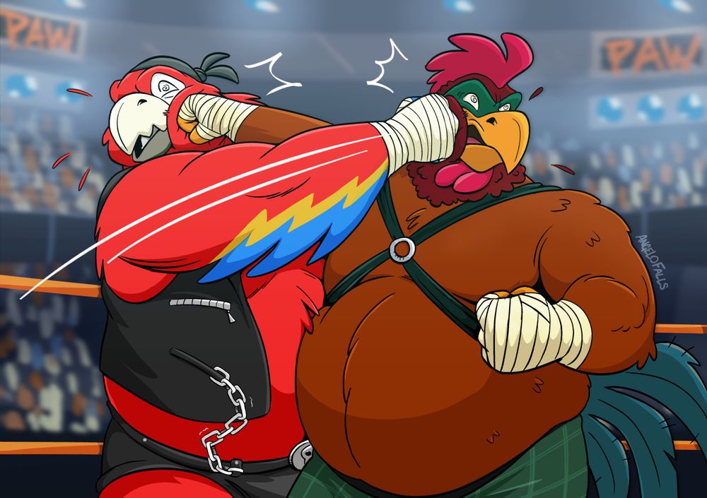 A illustration of two heavy set male wrestlers having a taped fist match. Mad Moe McCaw, an anthro red mccaw bird against Kevin Cluck, an anthro brown rooster. Both in a dazed after punching each other's face at the same time.

Signed, AngeloFalls