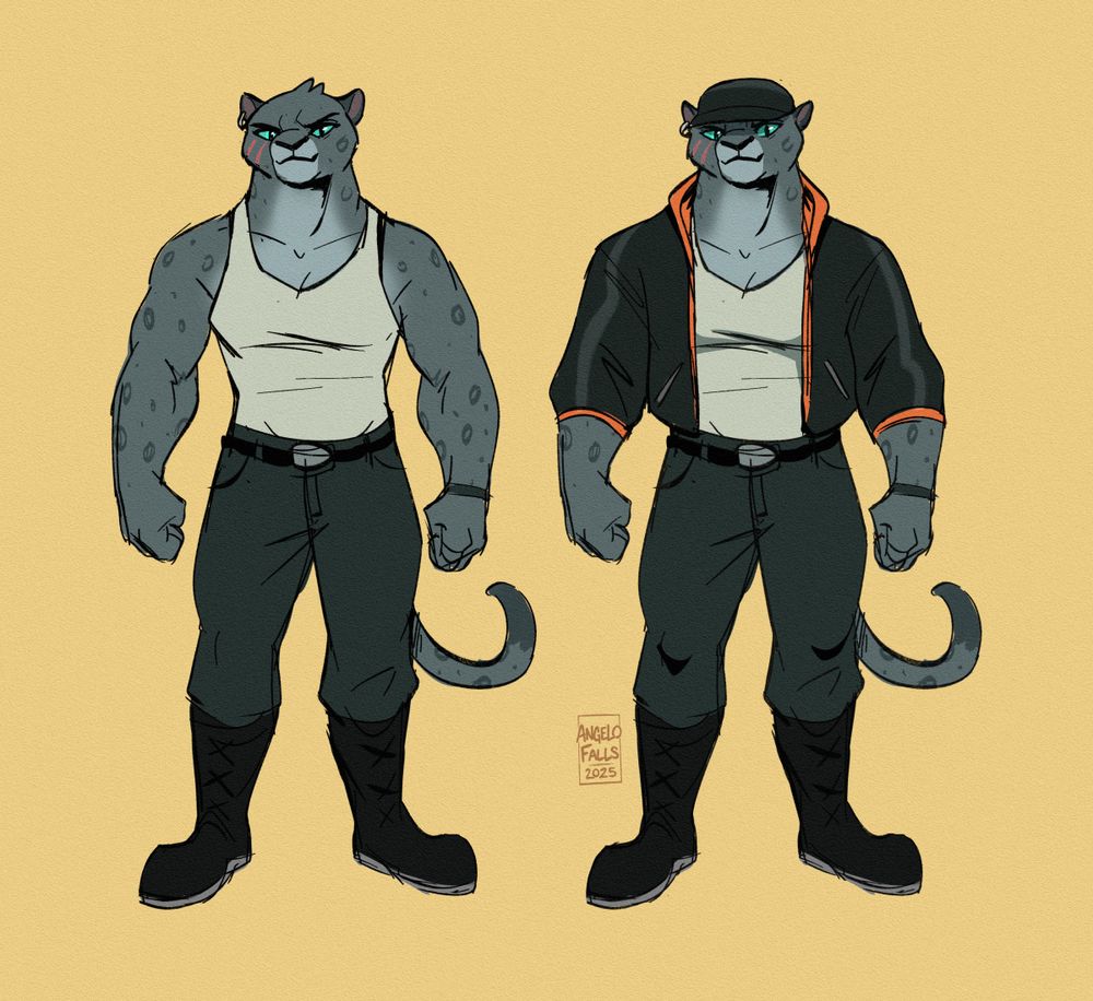 A colored sketch drawing of Kitty Kat, a muscular anthropomorphic snow leopard female. She is standing idly, looking at the viewer, wearing two outfits. A tank top, dark greyish blue jeans and black boots. While in the 2nd outfit she's wearing a jacket and a distressed military cap.