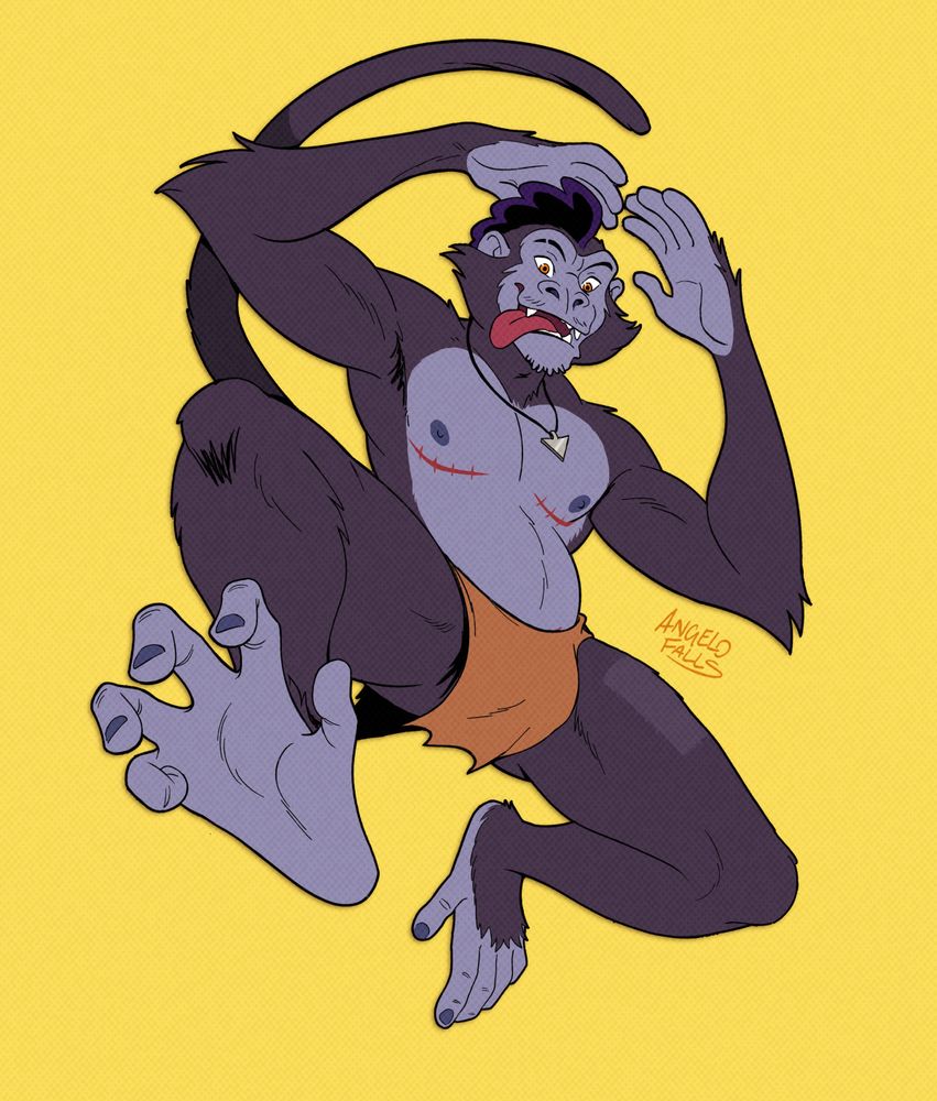 An illustration of Angelo, an anthropomorphic trans male spider monkey with a curly mohawk, jumping in mid air with his arms over his head and one of prehensile feet coming forward. He's wearing a loincloth, necklace and is looking at the viewer with a smile and his tongue out to the side.