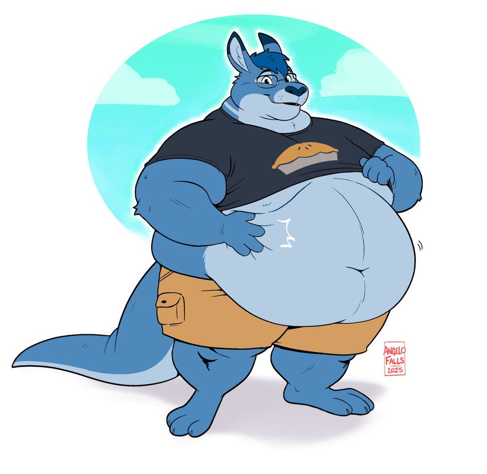 A character illustration of Kygen's fursona. A fat anthropomorphic blue Kangaroo male with a hair head tuft and glasses. He's a t-shirt with a blueberry pie design on the front. He's lifting up his shirt to show off and smack his really big belly with a smile at the viewer.