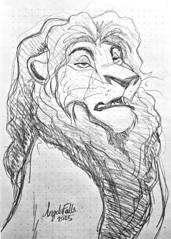 A pencil sketch drawing of a lion with a greasy mane. Signed by, AngeloFalls