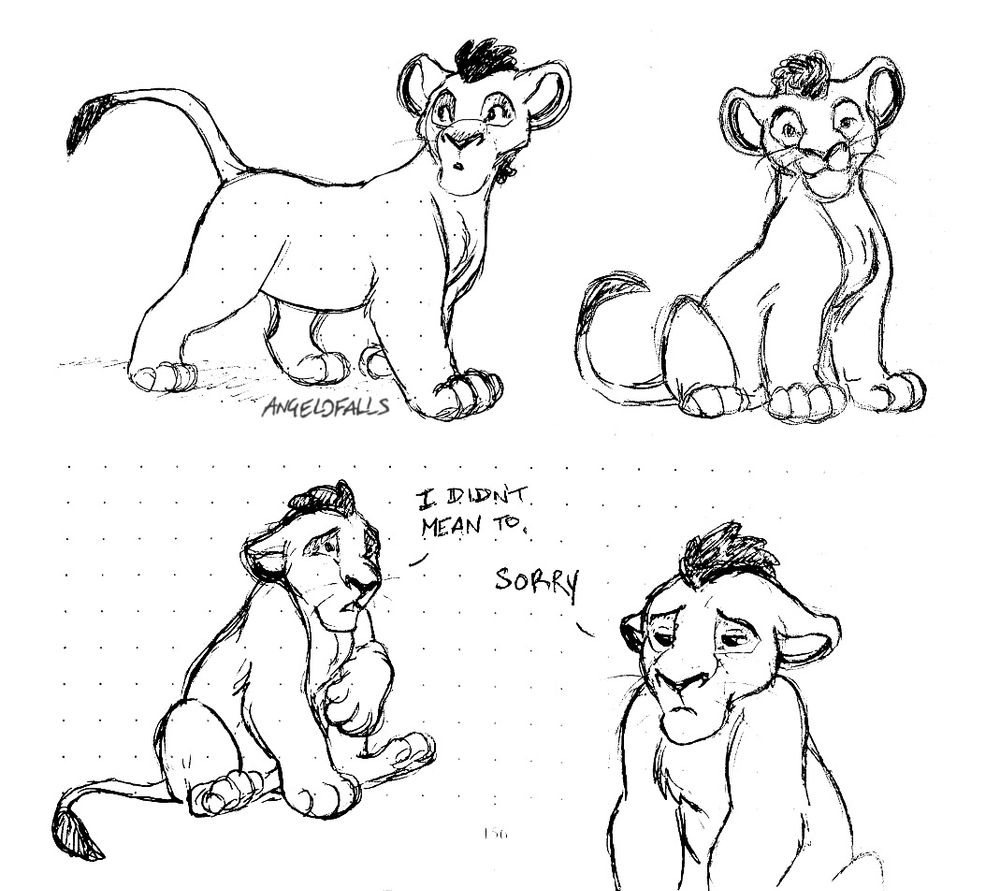 A sketch page of Ajani (Angelo) as a young feral lion cub with a dark little curly tuft of a mane. He is drawn in various poses that shows him emoting. (Left to right, top to bottom) he's curiously turning his head while walking forward. He's sitting down while smiling at the viewer. He's backing up cowering with ears back saying "I didn't mean to." And in the last one, he's sitting with a sad face looking downwards saying "sorry."