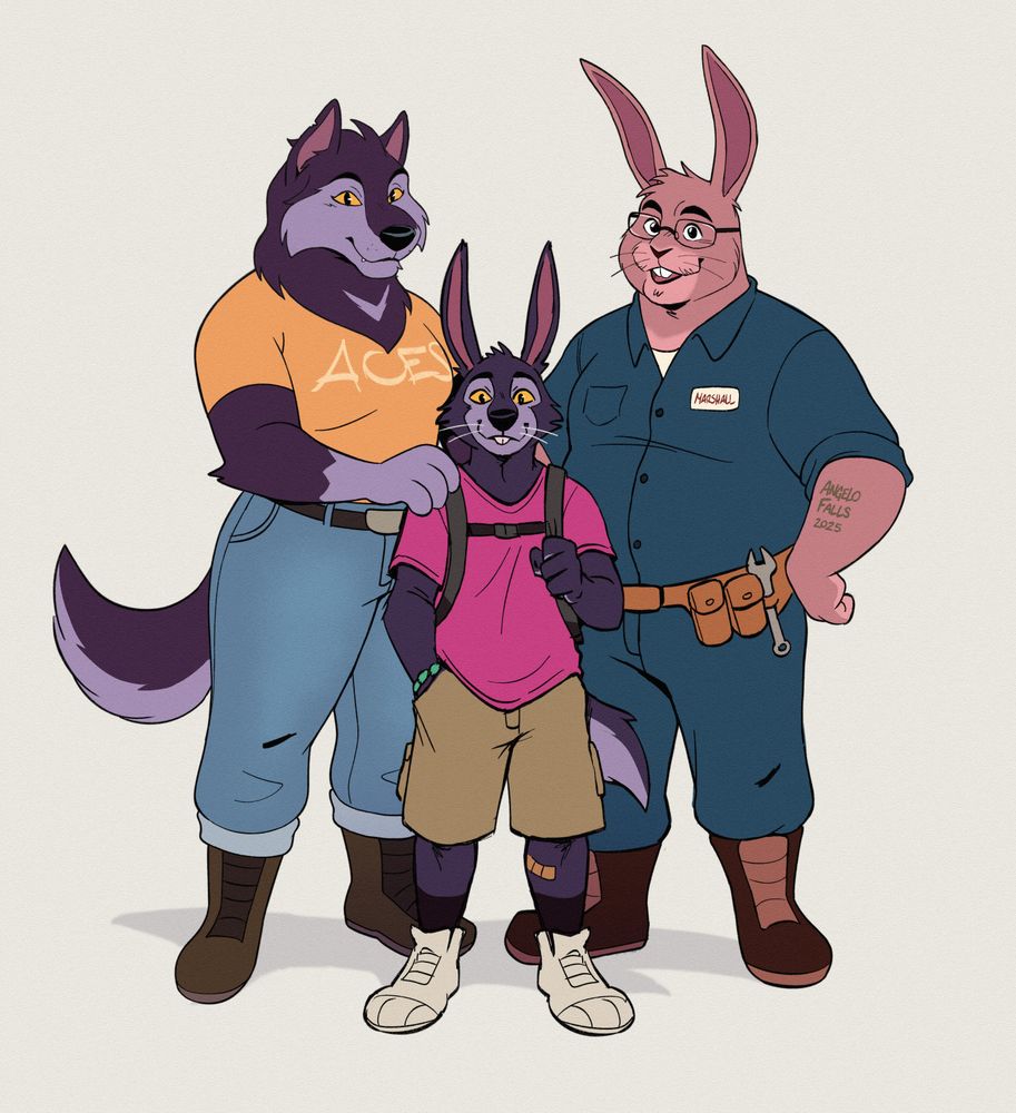 A family portrait drawing of Randy, a non binary anthropomorphic Wolf Rabbit hybrid (age 11-12) holding their backpack strap while standing with their parents. Francesca, a curvy female anthropomorphic wolf and Marshall, a chubby anthropomorphic rabbit male. He's wearing a car mechanic jumpsuit. All of them are smiling and looking at the viewer.
