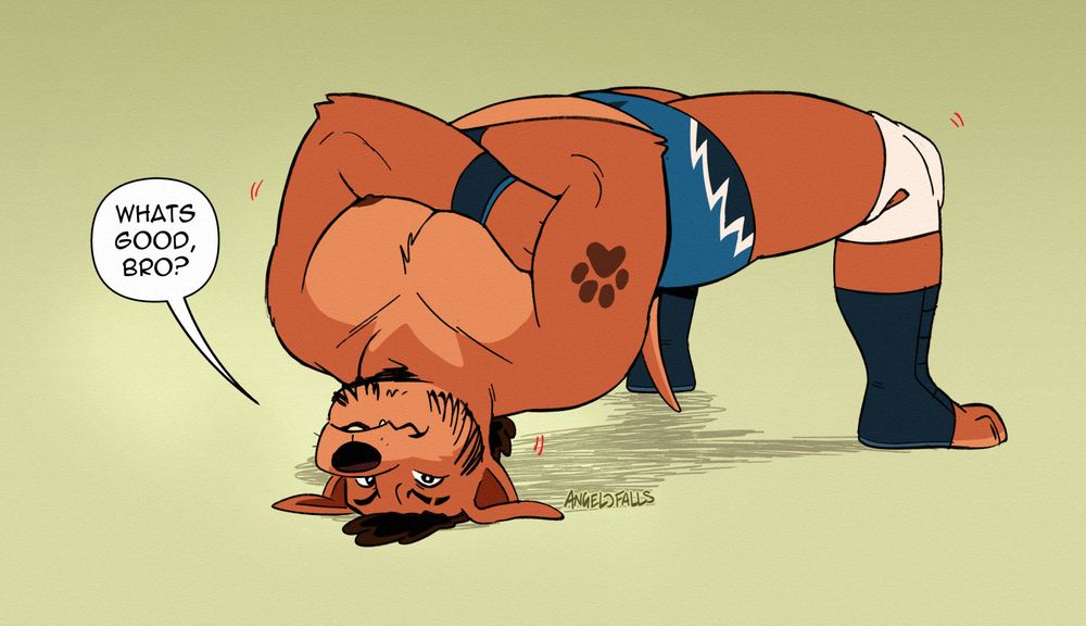 A colored sketch of Angelo, a trans male anthropomorphic pitador dog with a curly mohawk and stocky frame doing a neck bridge exercise while wearing his wrestling trunks, kneepads wristbands and open toe boots. He's looking at the viewer with his arms crossed saying "whats good, bro?"