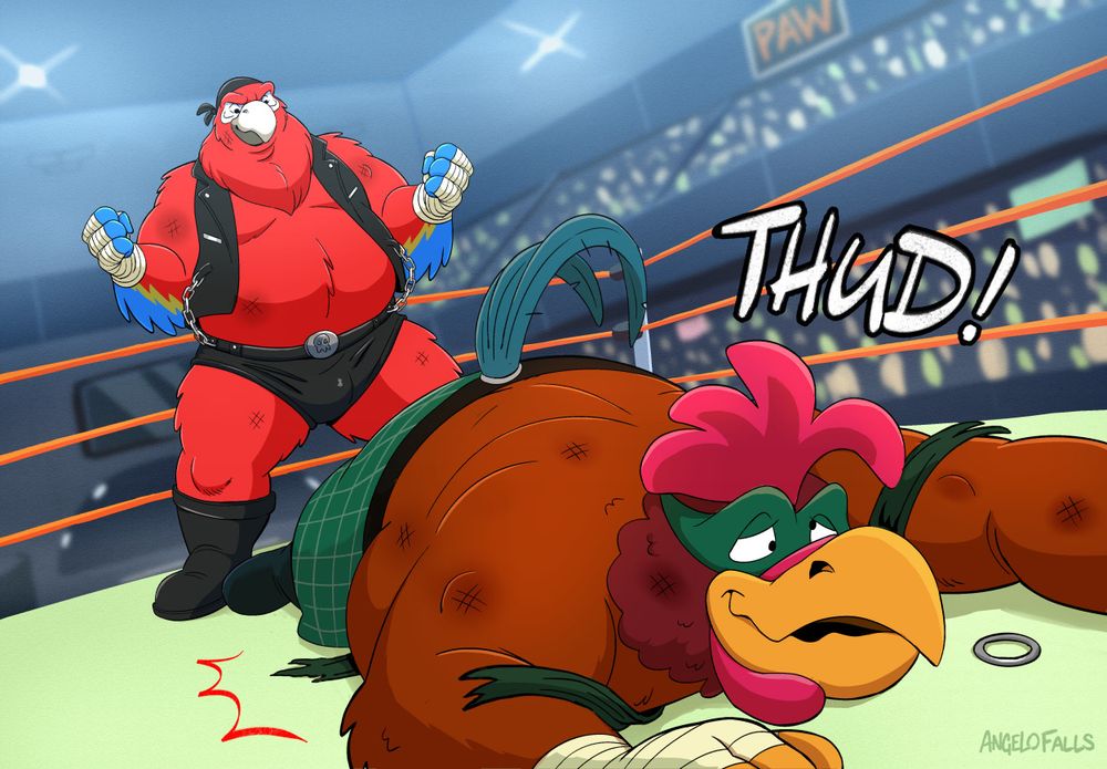 A illustration of two heavy set male wrestlers having a taped fist match. Mad Moe stands tall and victorious with some bruises while Kevin Cluck lies belly first flat, all battered up on the wrestling ring floor. 

Signed, AngeloFalls